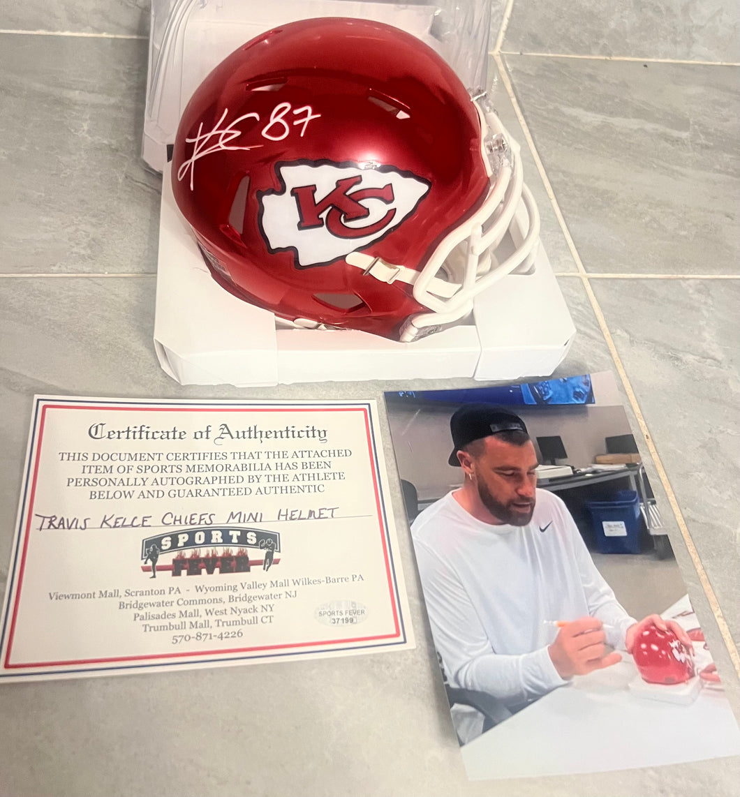 Travis Kelce Autographed Kansas City Chiefs Mini Helmet with COA Photo signing