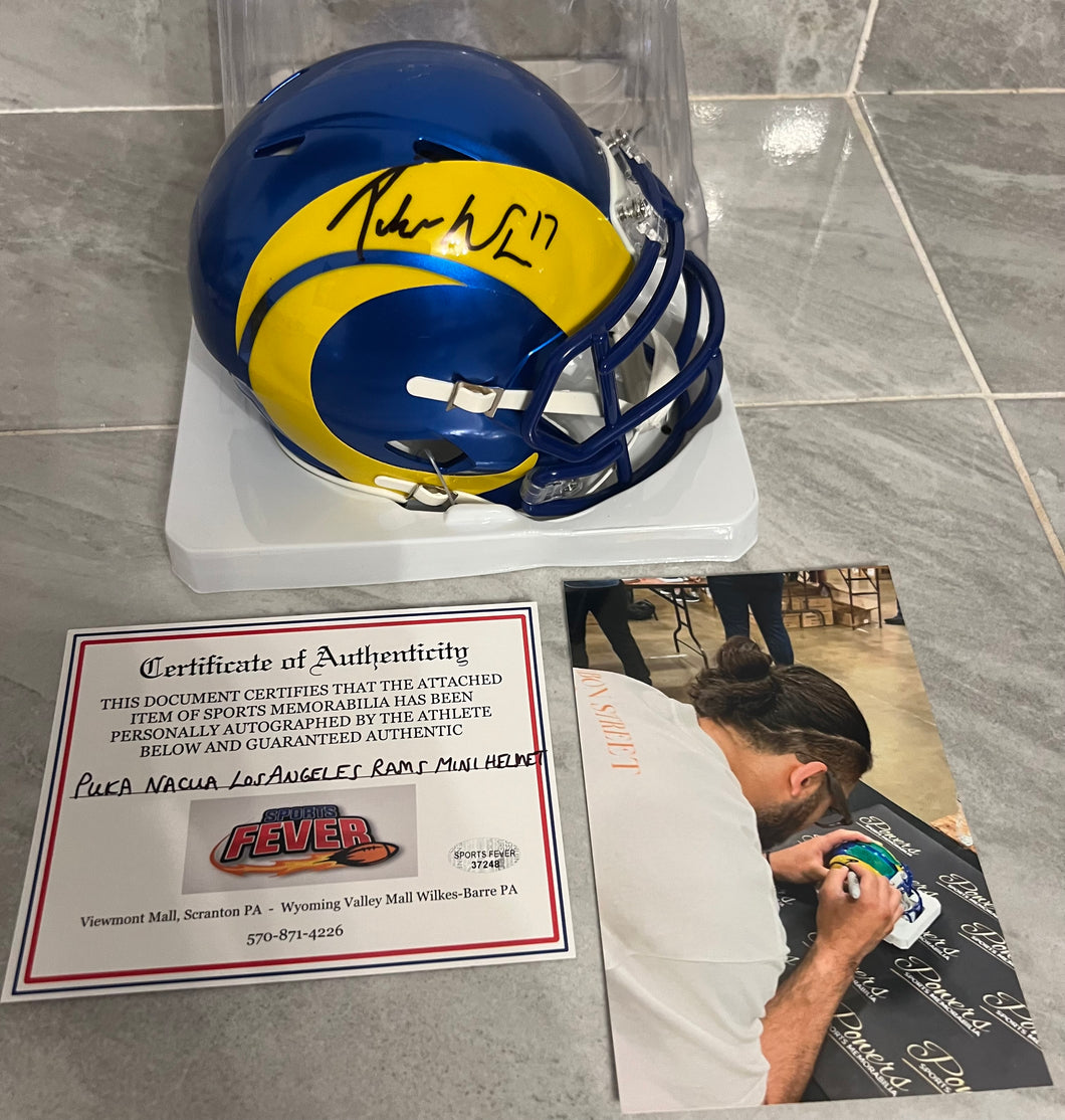 Puka Nacua Autographed Los Angeles Rams Mini Helmet with COA