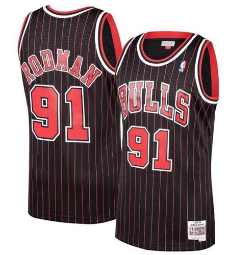 Dennis Rodman Chicago Bulls Official NBA Jersey Mitchell & Ness black pinstripes