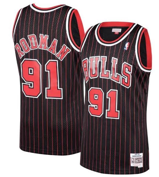 Dennis Rodman Chicago Bulls Official NBA Jersey Mitchell & Ness black pinstripes