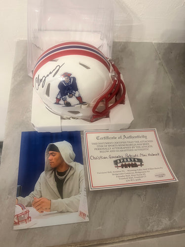 Christian Gonzalez New England Patriots autographed Mini Helmet with COA photo signing