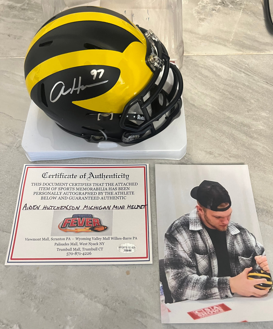 Aiden Hutchinson Autographed Michigan Wolverines Mini Helmet with COA Photo Signing