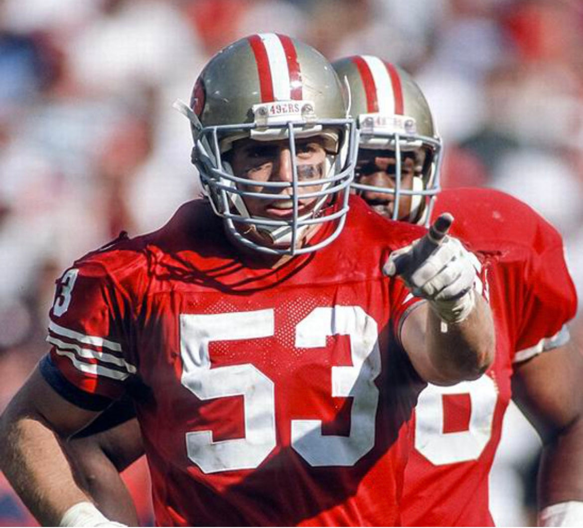Bill Romanowski of the San Francisco 49ers before a football game Bill Romanowski of the San Francisco 49ers before a football game